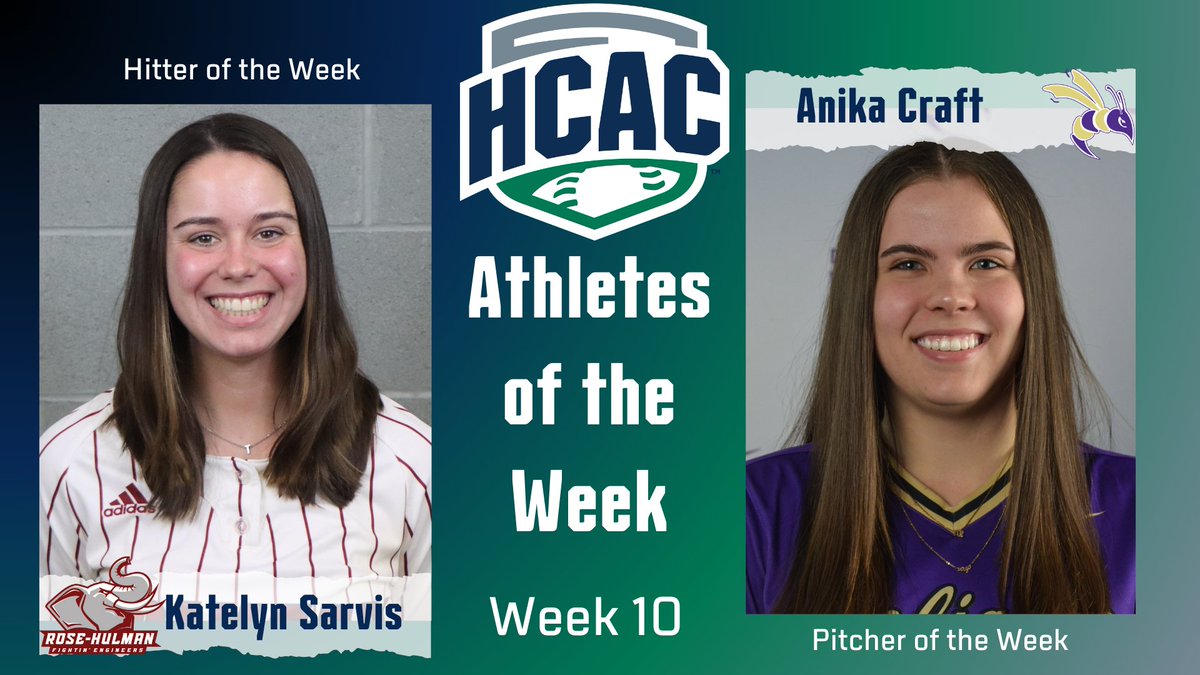 HCAC Softball | Athletes of the Week Congrats to the Softball Athletes of the Week: Hitter: Katelyn Sarvis, @RHITsports Pitcher: Anika Craft, @DC_Athletics Full Release: tinyurl.com/56feujrd #TheHeartofD3 | #D3Softball