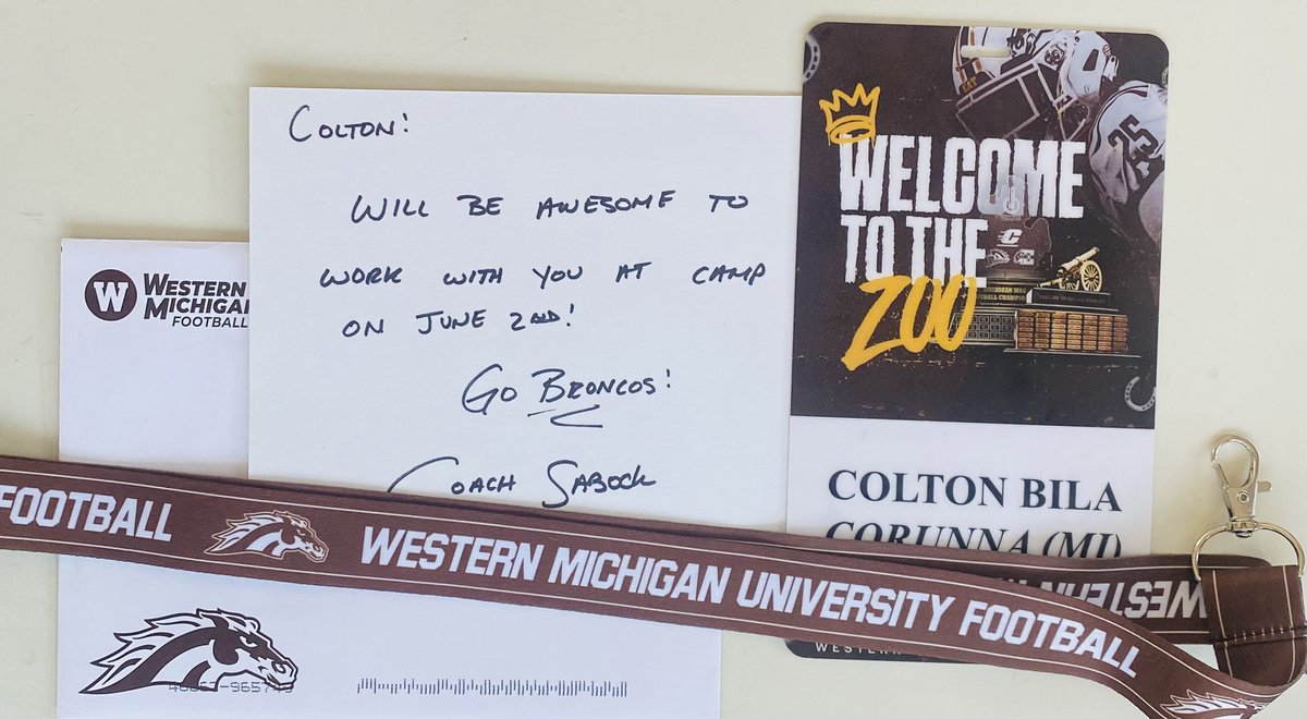 Thank you Coach @DSabock for the letter and the camp invite! Can’t wait to get back to the Zoo! @WMU_Football @ATDTrainRecruit