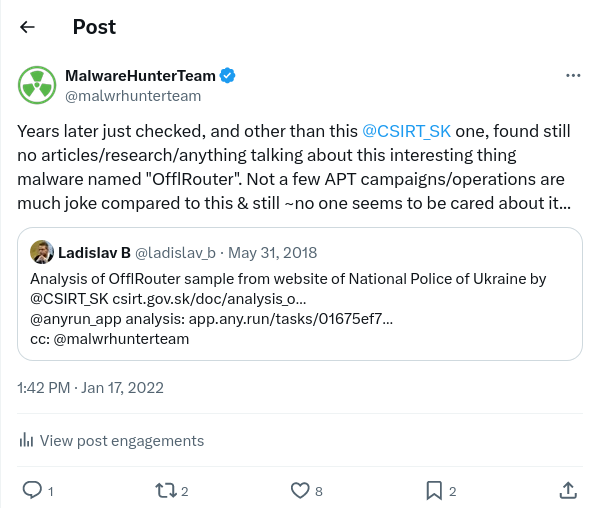 Anyone remembers when in 2018 we (@JAMESWT_MHT @angel11VR @ClearskySec) found OfflRouter infected documents at/from different places, including the website of the National police of Ukraine? 6 years later (and in 2018 it was already a years old thing), it's 'in the news' now. 🤷‍♂️
