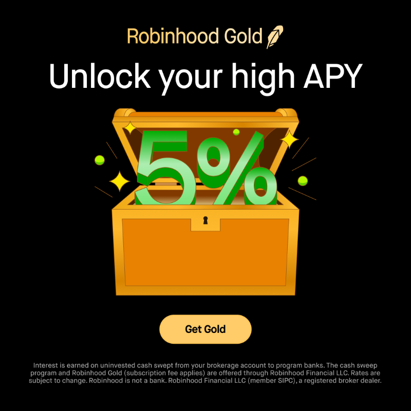 RobinhoodApp's tweet photo. Earn 5.0% APY on uninvested cash with Robinhood Gold. Subscription fee &amp; terms apply.