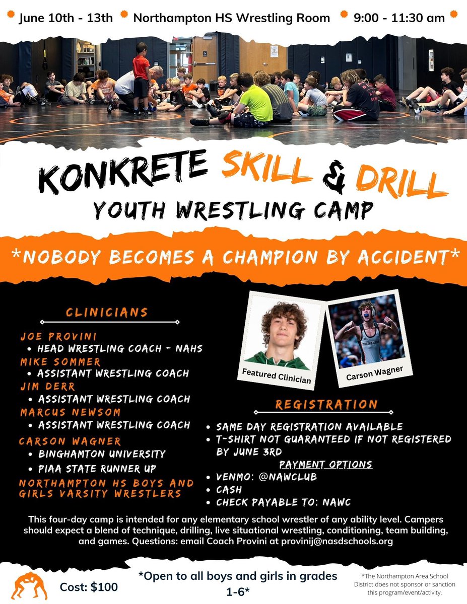 KKidWrestling's tweet photo. Coach Provini’s annual youth camp is back! 

Open to any and all youth wrestlers (boys and girls) in grades 1-6 (23-24 school year). 

PIAA State Runner Up and current Binghamton University wrestler Carson Wagner is our featured clinician!

Register here: https://t.co/MpE9MpmMHp https://t.co/IoZMnB0dL9