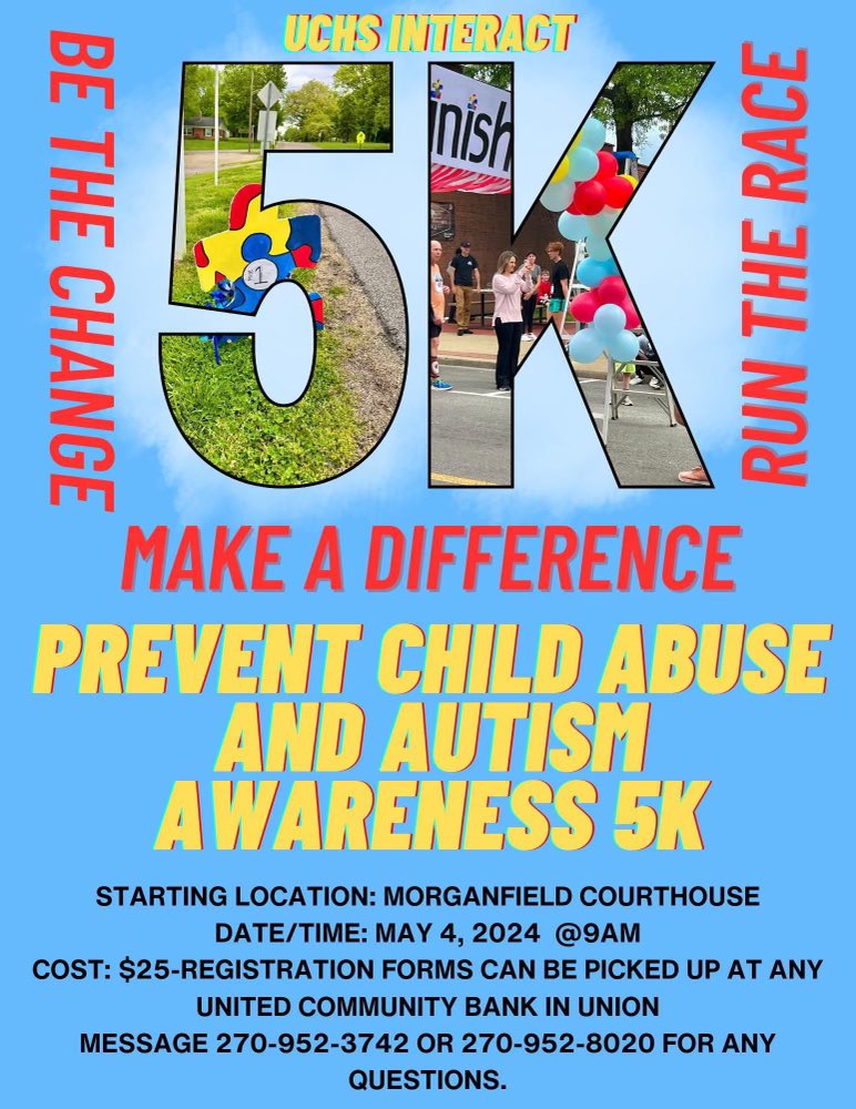 Get ready!! The UCHS Interact club is hosting our second annual 5k event in downtown Morganfield to raise awareness for child abuse and autism. @UnionCoSchools