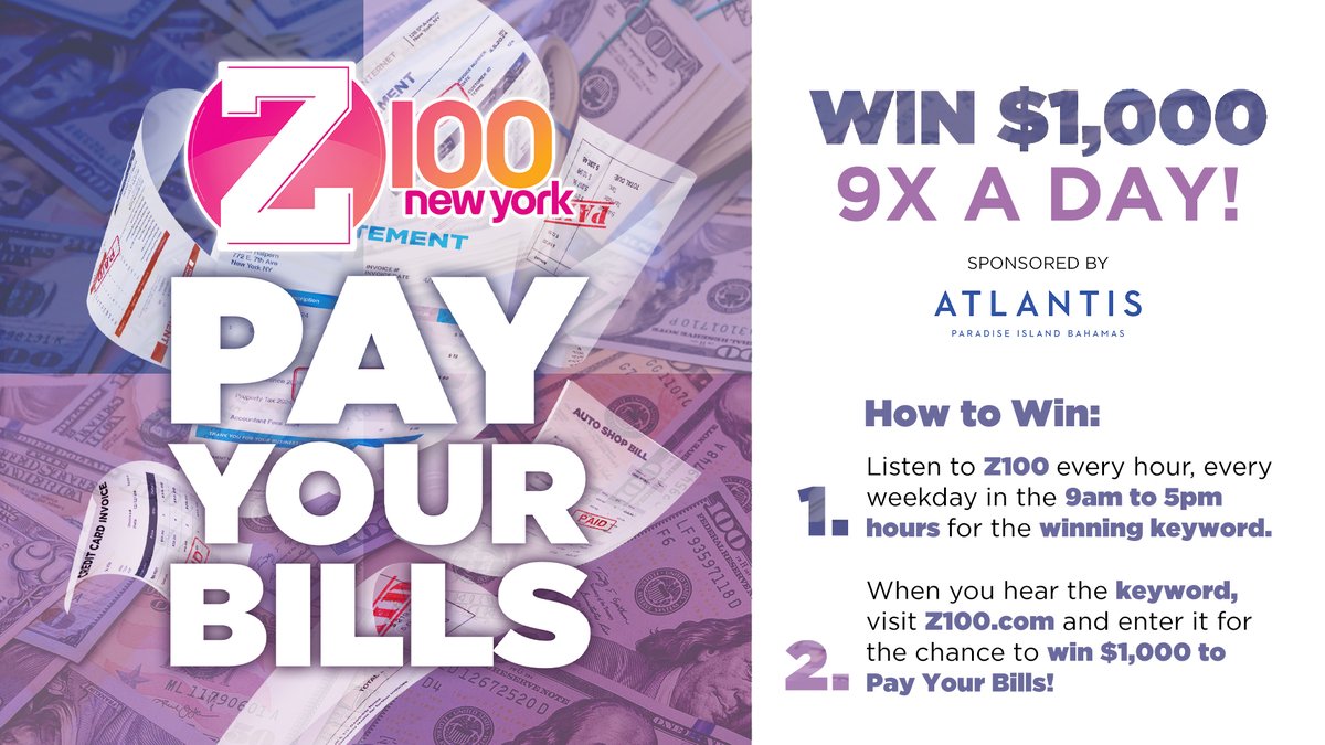 Win $1,000 with Z100's Pay Your Bills! Tune in weekdays from 9am with the @ElvisDuranShow and every hour until 5pm for your chance to win 💵

Listen to @z100newyork with z100.com/listen or the @iheartradio app! 📻 @atlantisbahamas