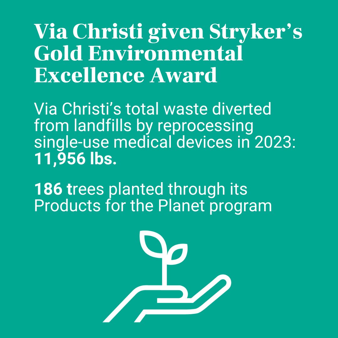 Via Christi recently was recognized by Stryker with its Gold Environmental Excellence award by choosing to reprocess single-use medical equipment. Last year, 11,956 pounds of waste was diverted from landfills because of this. 🌎🌳♻