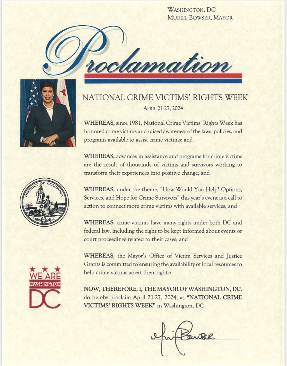 In honor of National Crime Victims' Rights Week, OVSJG is proud to connect victims to trauma informed survivor centered resources. If you or someone you know is a victim of a crime, please contact the DC Victim Hotline at 1-844-4HELPDC #saferstrongerDC