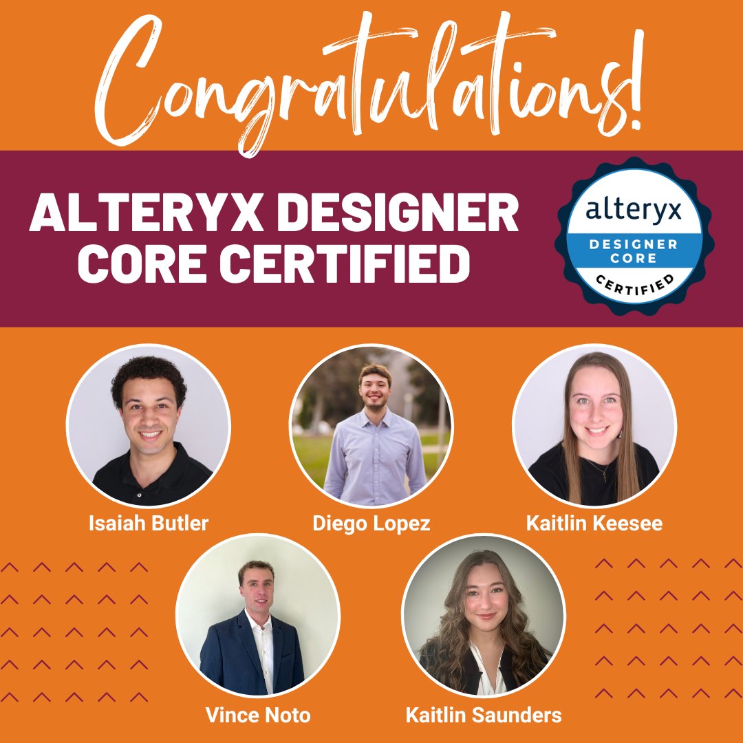 VT_ACIS's tweet photo. Congratulations to our outstanding Master of Accounting and Information Systems (MACIS) students who earned the Alteryx Designer Core Certification! We are so proud of you! #vtacis https://t.co/ayEs5iUyTm