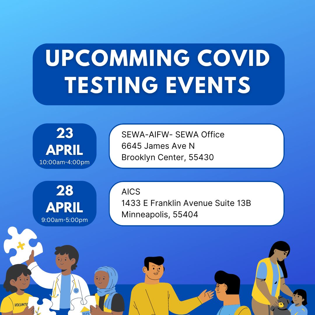 These are a few COVID Testing events going on in the Twin Cities area! To view more COVID vaccination and testing events, go to: rb.gy/33jopu

#AMPERS #vaxmn #communityresource #communityresources #twincitiesmn #healthresources