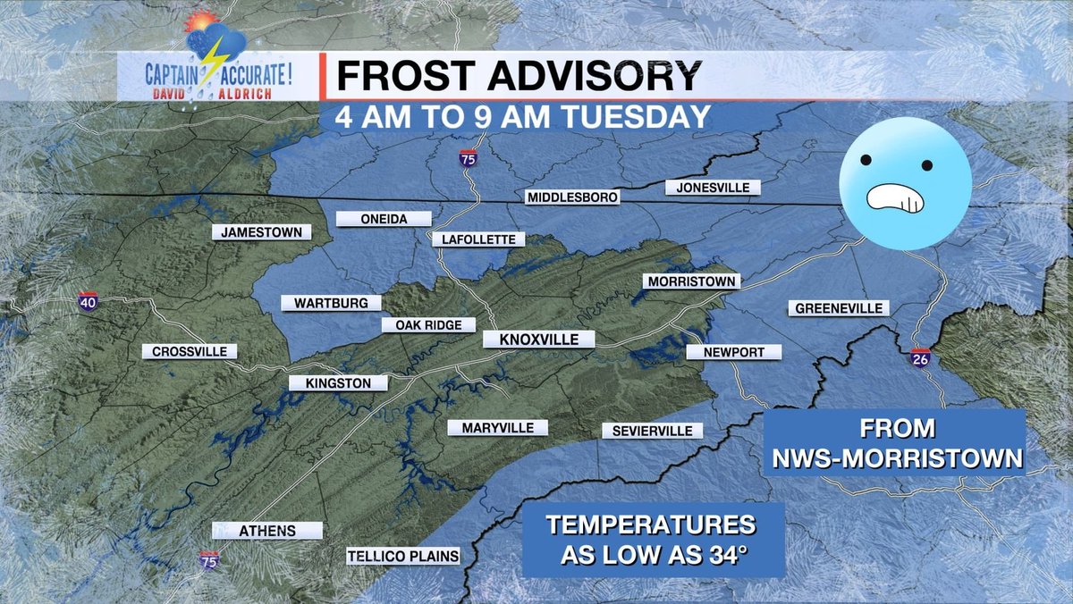 AldrichWeather's tweet photo. Frost Advisories for parts of East Tennessee have been issued for Tuesday morning, April 23rd, 2024. It will soon be time to cover up again your sensitive plants or bring them in.
#NWSMorristown
#NWSJackson (S.E. KY from 1 AM to 9 AM Tuesday, as low as 32°)
#CaptAccurateWx https://t.co/YgT9YLiWw0