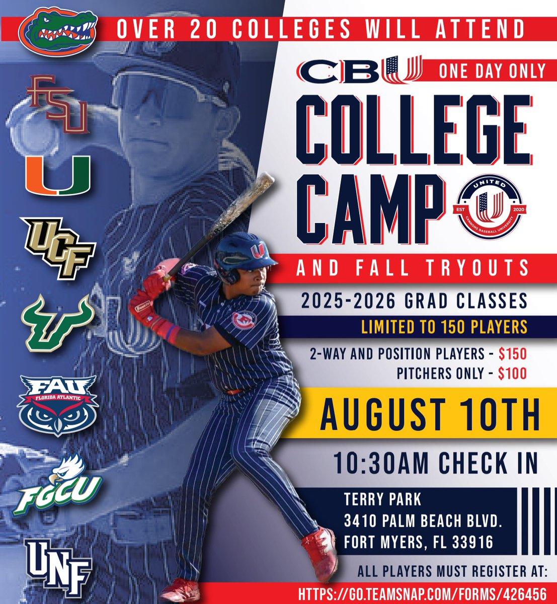 🚨 OPEN COLLEGE CAMP 🚨 THE CAMP IS OPEN TO THE PUBLIC, YOU DO NOT HAVE TO PLAY FOR @cbu_fl TO ATTEND… Space at this point is extremely limited with only 11 spots currently left .Over 20 schools attend annually. Register at: go.teamsnap.com/forms/426456 #redhatnation