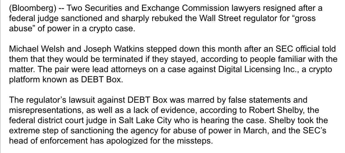 Two SEC lawyers just resigned after a judge sanctioned them for gross abuse of power in a crypto case. The SEC's lawsuit was 'marred by false statements and misrepresentations, as well as a lack of evidence.' Watch @RichardHeartWin case gets dismissed in the next year.