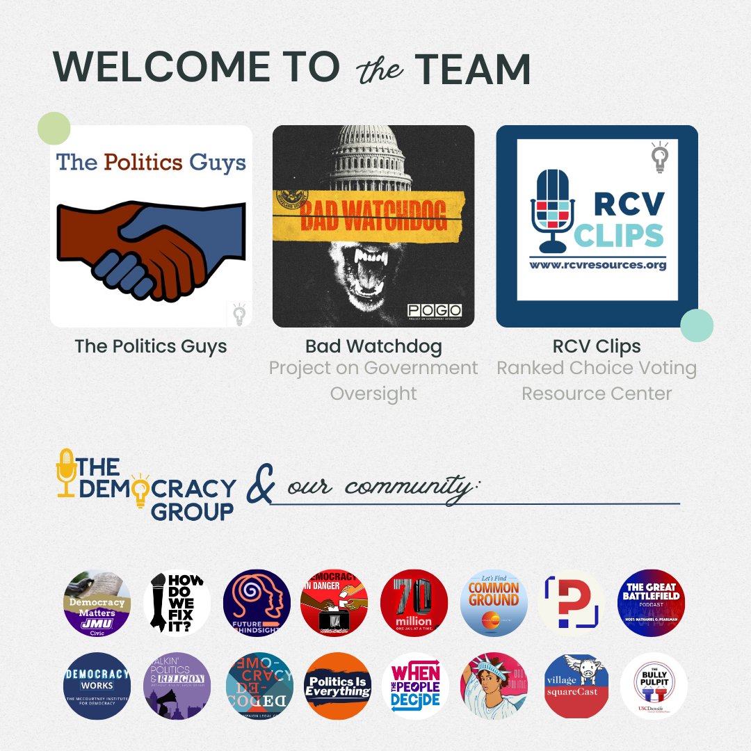 We're super excited to officially welcome three amazing shows to our network of incredible organizations and podcasts: Bad Watchdog (@POGOwatchdog ), The Politics Guys (@PoliticsGuys), and RCV Clips (@RCVresources )! 🎉 Learn more: democracygroup.com/newsletter #podcast #politics