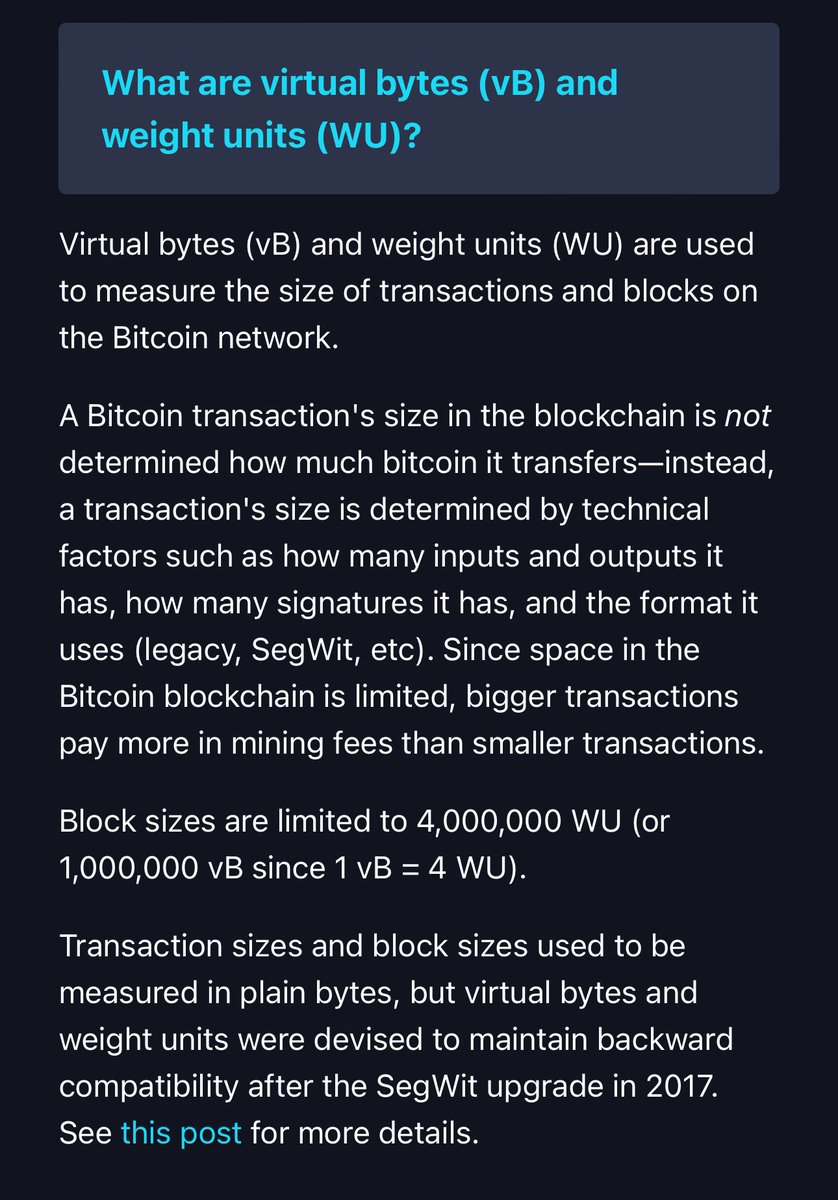 Ever wonder what the vB or WU means in reference to #Bitcoin ? Block space and weight. 

#StudyBitcoin