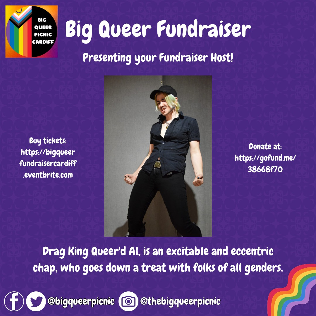 PRESENTING YOUR HOST FOR THE EVENING! 🎉🎉 Drag king, Queer'd Al! Buy tickets here: Big Queer Fundraiser Date: Wed, May 15 • 19:00 BST Location: The Moon, 3 Womanby Street, Cardiff, CF10 1BR eventbrite.com/e/big-queer-fu…