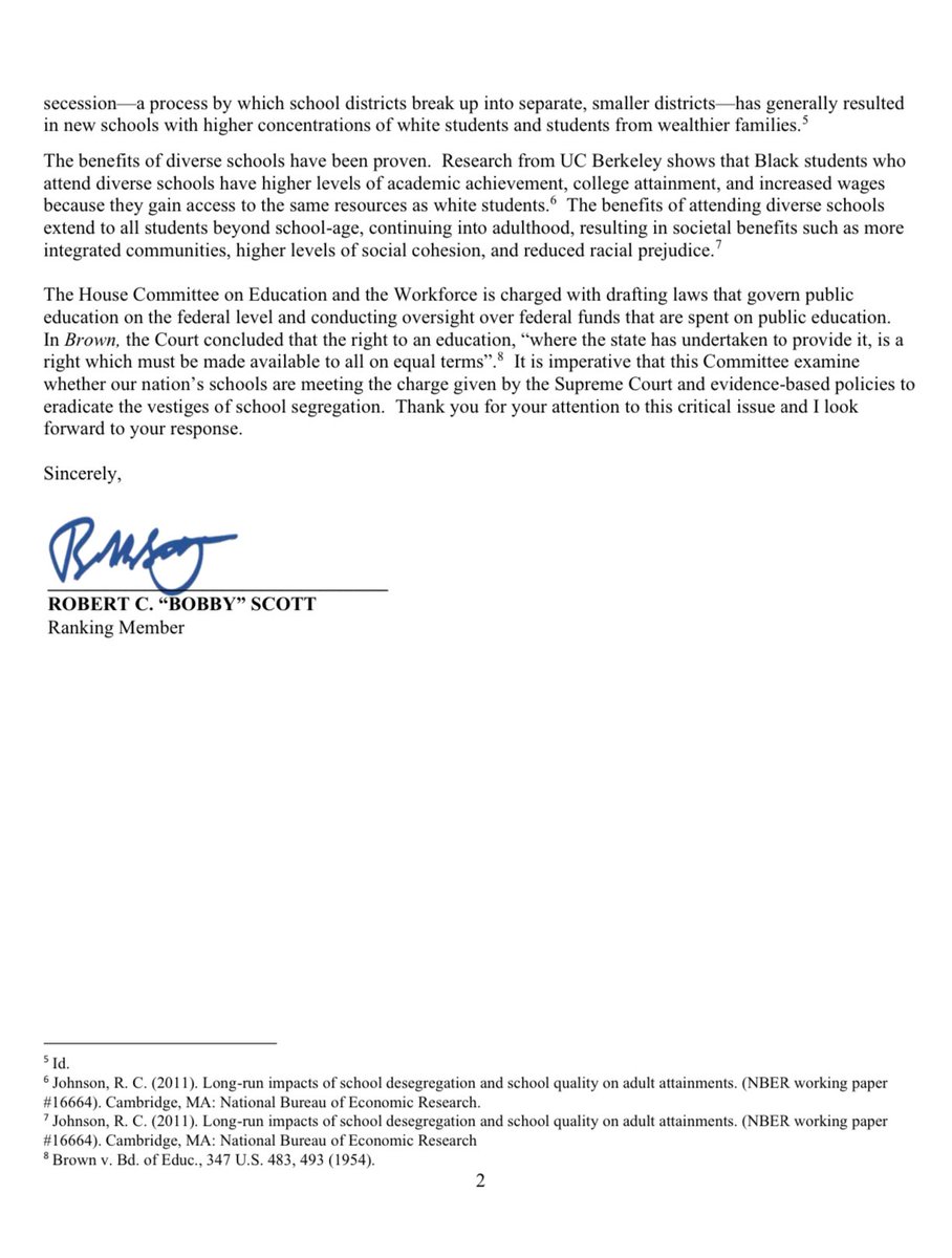 Seven decades after the Supreme Court’s landmark 1954 decision in Brown v. Board of Education, we have yet to fulfill the promise of equity in education. Read Ranking Member @BobbyScott’s letter requesting a hearing on the state of school segregation.⤵️ democrats-edworkforce.house.gov/media/press-re…