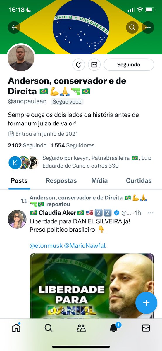 Bem pouquinho para Anderson @andpaulsan chegar a 1600 seguidores! Vou te seguir com a conta principal @SERGIOR49076581 também , Anderson! Vamos dar aquela força , patriotas queridos?💪💪🇧🇷🇧🇷🤝🤝PEÇO A ANDERSON QUE SIGA DE VOLTA TODOS OS PATRIOTAS QUE IRÃO TE SEGUIR, COMBINADO?