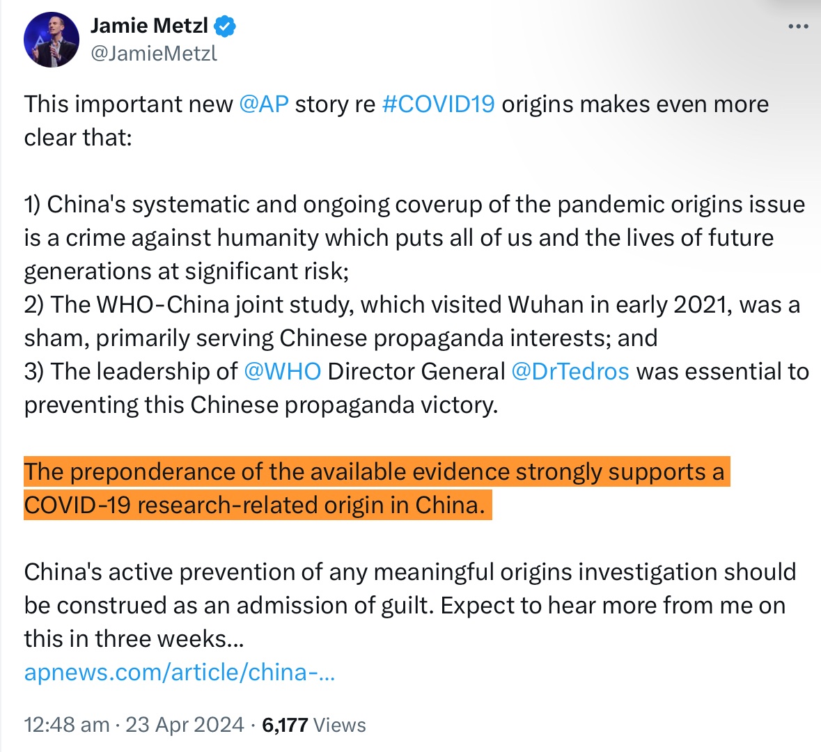 Jamie Metzl is a high-functioning idiot, episode #1001:

On what planet is it wise to TRUST CHINESE SOURCES, considering the possibility that China faked the lab leak, and faked the Wuhan outbreak, all to conceal a deliberate bio attack?

@JamieMetzl #OriginOfCovid #biowar