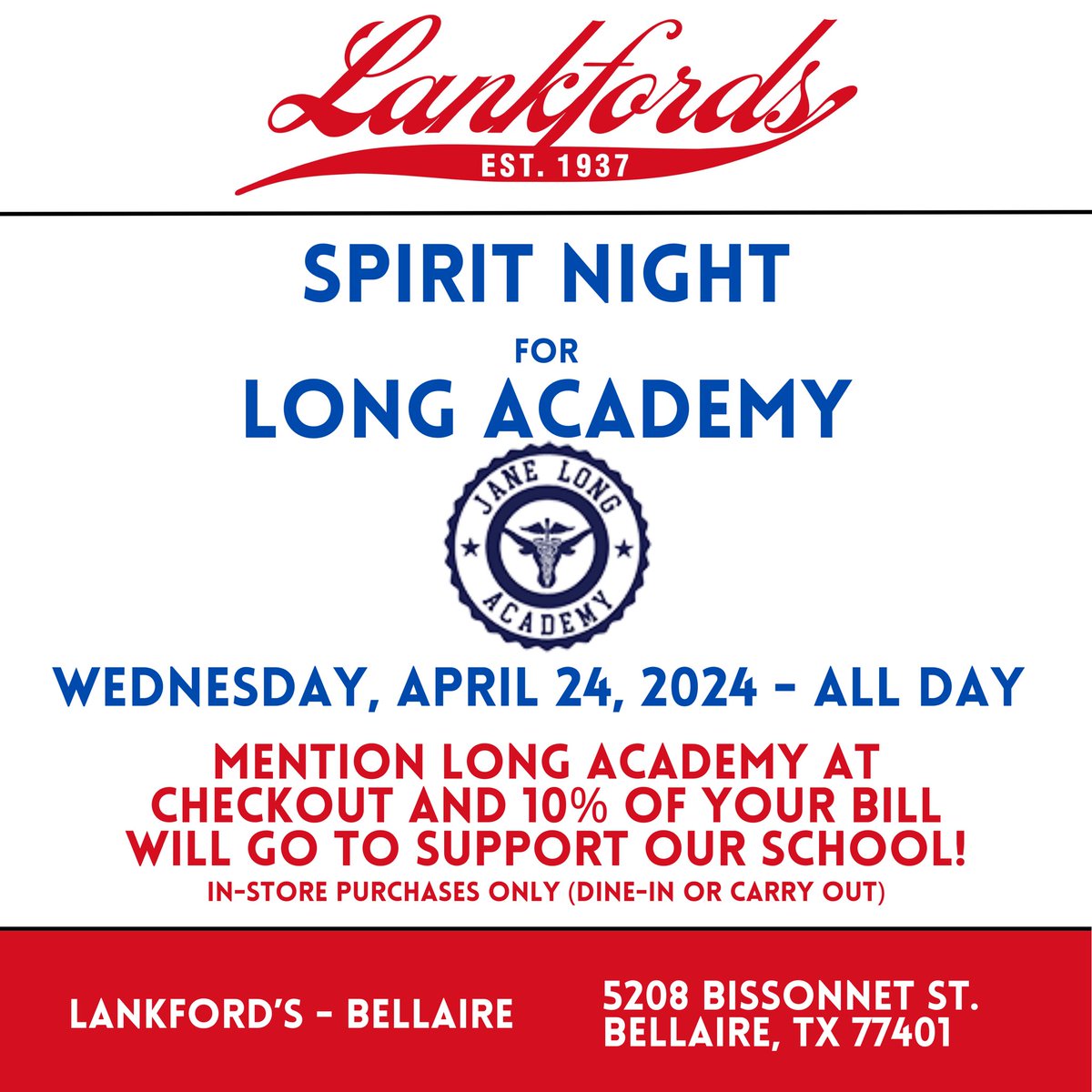 🚨COME OUT AND SUPPORT LONG ACADEMY THIS WEDNESDAY AT LANKFORD’S BELLAIRE!! MENTION LONG ACADEMY AT CHECKOUT! 🚨 #prescribingexcellence #PTECH @HISD_West @HoustonISD