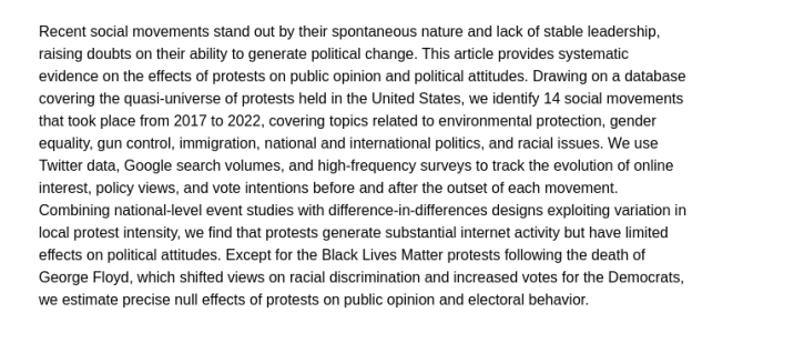 @owasow @NAChristakis Recent study of protests finds, with one exception, no effect on public opinion and elections. nber.org/papers/w32342