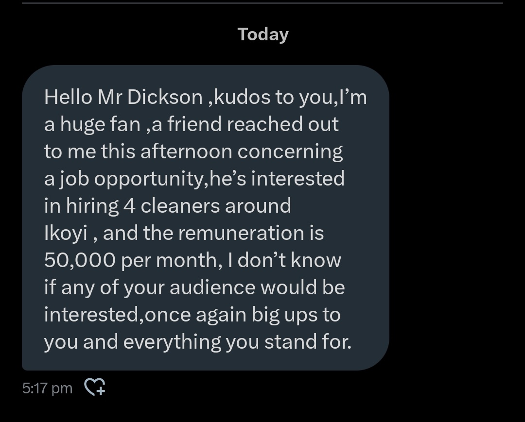 4 cleaners needed in Ikoyi. 

Salary 50k a month. Indicate if interested.