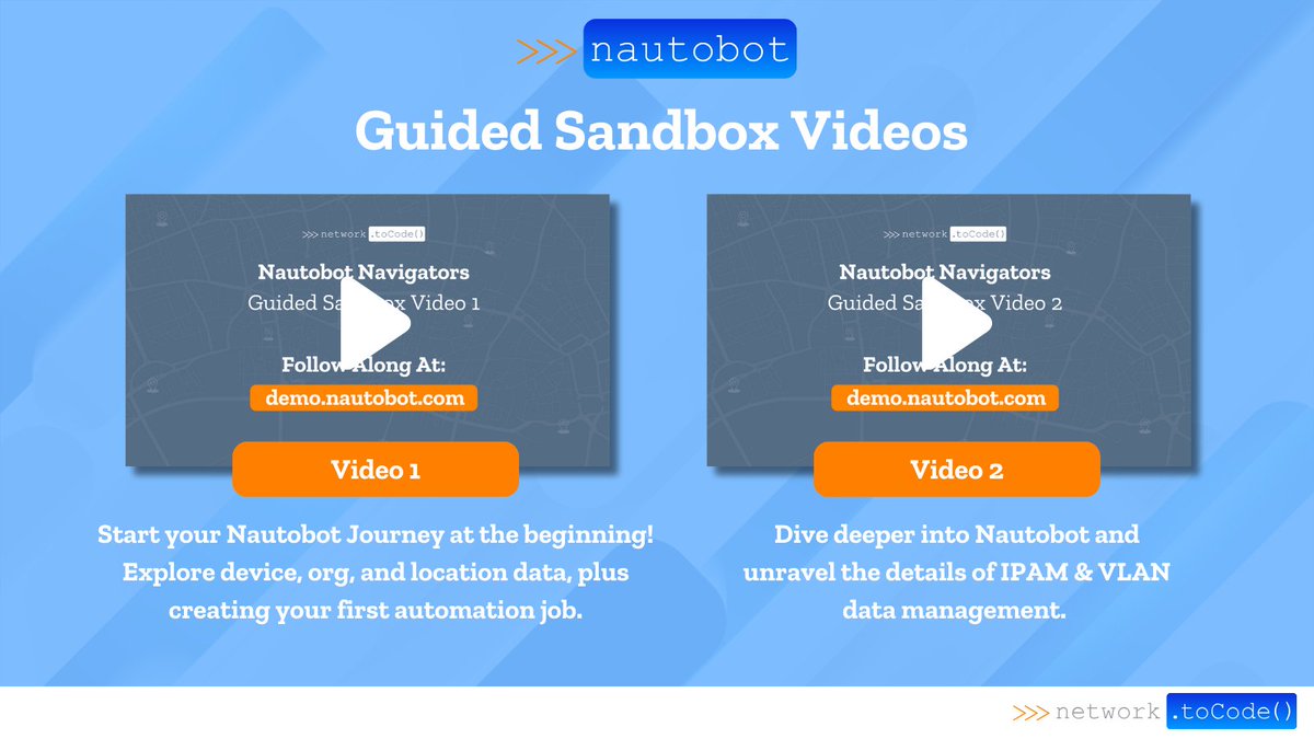 Curious about #Nautobot 👀? Wondering where to begin or what a Network Source of Truth (#NSOT) & Automation Platform can do for you? Explore our guided sandbox tutorial videos! Navigate Nautobot at your own pace using our public sandbox environment! 👇 hubs.ly/Q02tGDxw0