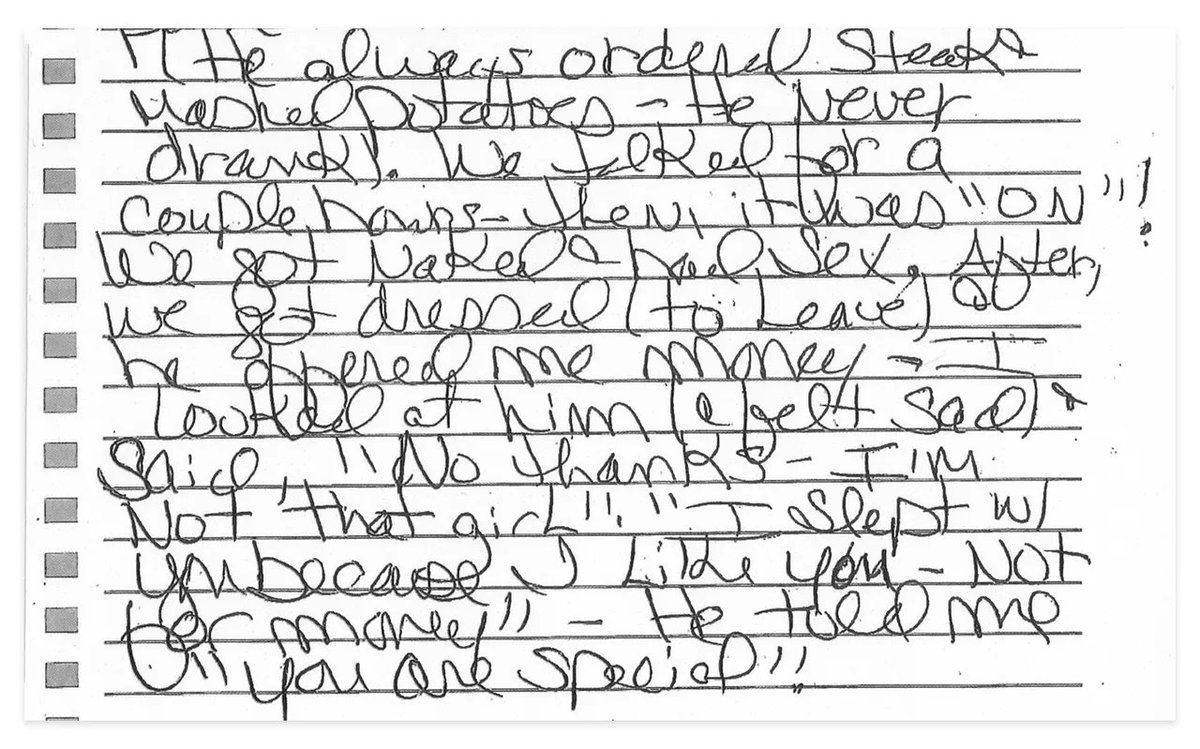 McDougal memorialized her affair with Trump in an eight-page, handwritten document provided to The New Yorker. In this excerpt, McDougal says Trump wanted to pay her after sex and told her “you are special” — predators say that.