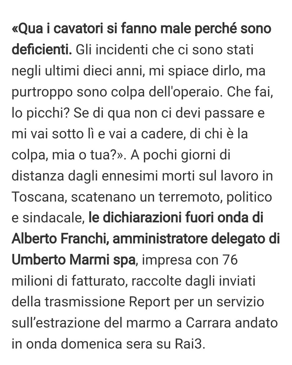 FI_Possibile's tweet image. Alberto Franchi: «Gli #incidenti che ci sono stati negli ultimi dieci anni, mi spiace dirlo, ma purtroppo sono colpa dell'#operaio». Le parole raccolte dagli inviati di #Report. I sindacati: parole gravissime, mercoledì #sciopero.

#BastaMortiSulLavoro 
Basta #MortiSulLavoro 
.