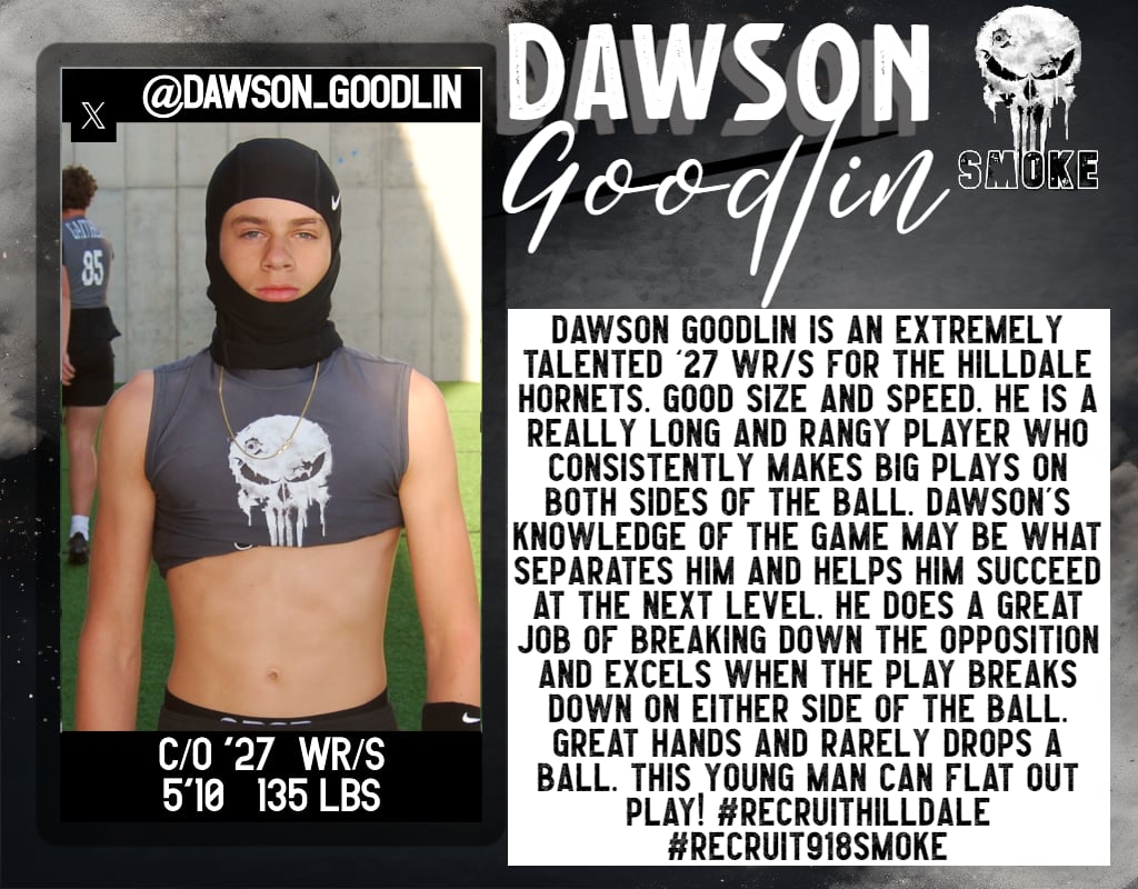 918 Smoke 7v7 (@918smoke7v7) on Twitter photo πLet's go <a href="/dawson_goodlin/">Dawson Goodlin</a>! Super proud of the season you had this year! You were a big time playmaker all year and we expect that to continue this Fall for <a href="/HornetTouchdown/">Hilldale Football</a>. #Recruit918Smoke #RecruitHilldale π¨π¨π¨π¨ πLet's go <a href="/dawson_goodlin/">Dawson Goodlin</a>! Super proud of the season you had this year! You were a big time playmaker all year and we expect that to continue this Fall for <a href="/HornetTouchdown/">Hilldale Football</a>. #Recruit918Smoke #RecruitHilldale π¨π¨π¨π¨