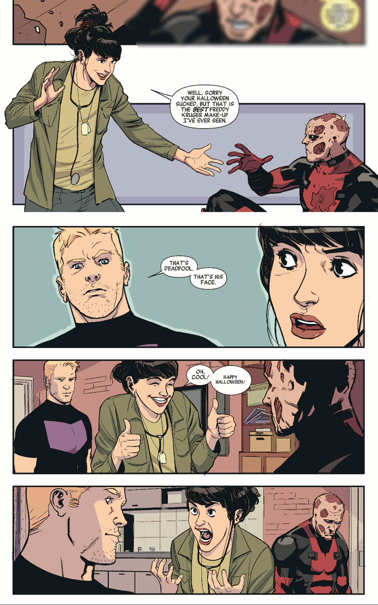 @GailSimone One of my favorite Deadpool jokes is this one, it's so mean to Wade, but Kate's facial expression is hilarious.