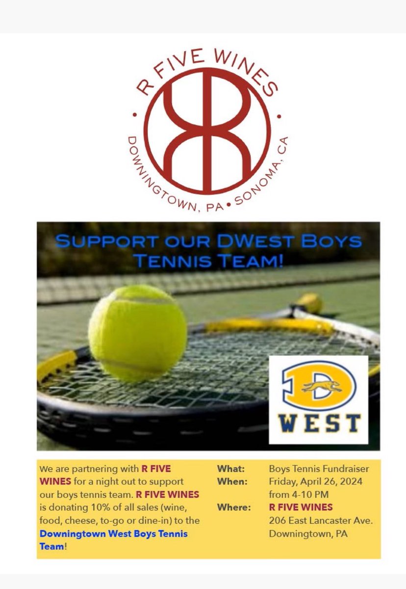 Come on out Friday 4/26 from 4-10pm at <a href="/r_five_wines/">RFiveWines</a> to support the West Boys Tennis Boosters!