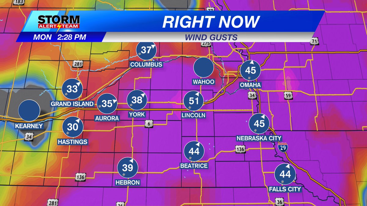 A 51 mph wind gust was reported at the Lincoln airport just before 230pm Monday.