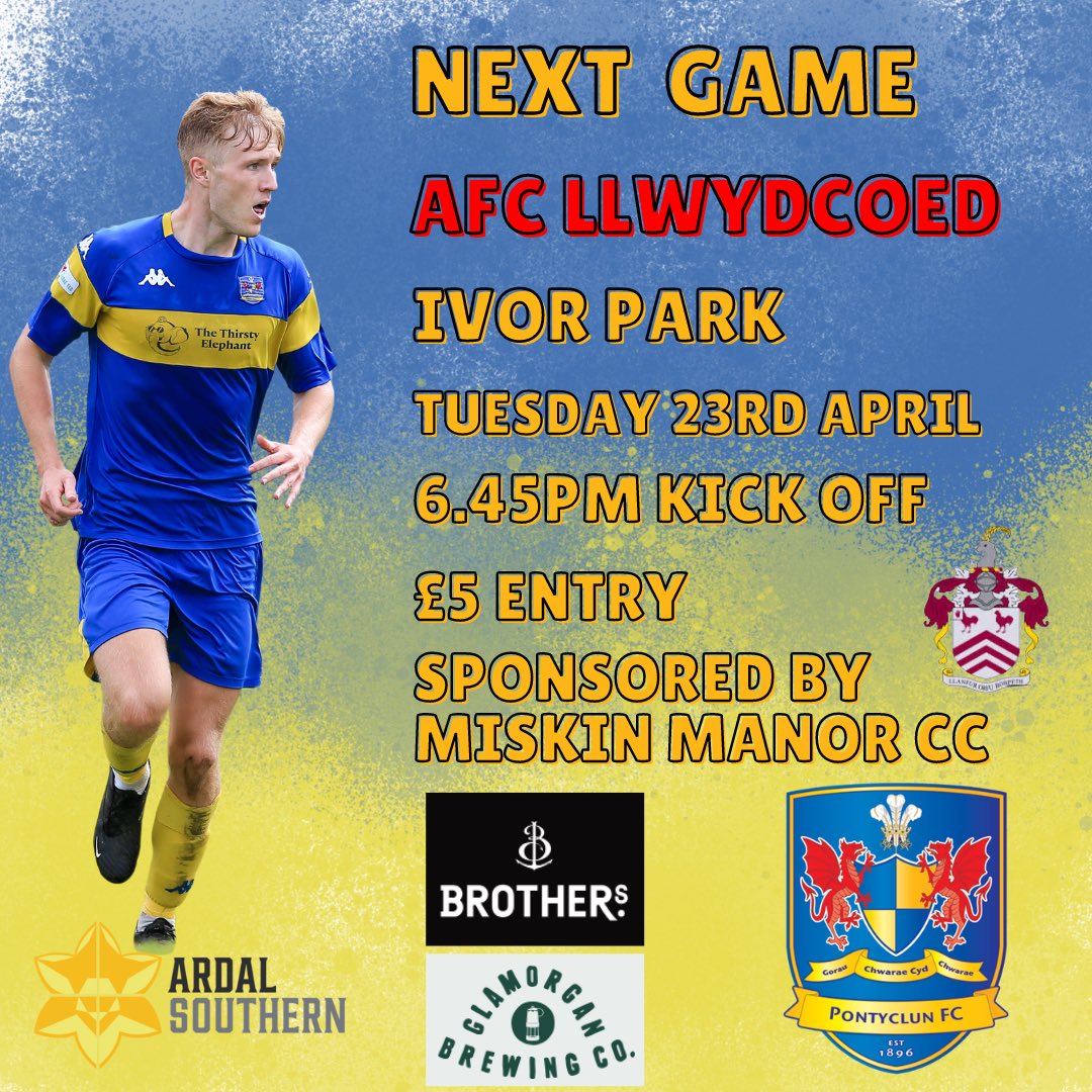 Tomorrow we face <a href="/afc_llwydcoed/">AFC Llwydcoed</a> at Ivor Park. 
The match is kindly sponsored by our friends at <a href="/MiskinManorCC/">Miskin Manor Cricket Club</a>.
#uptheclun