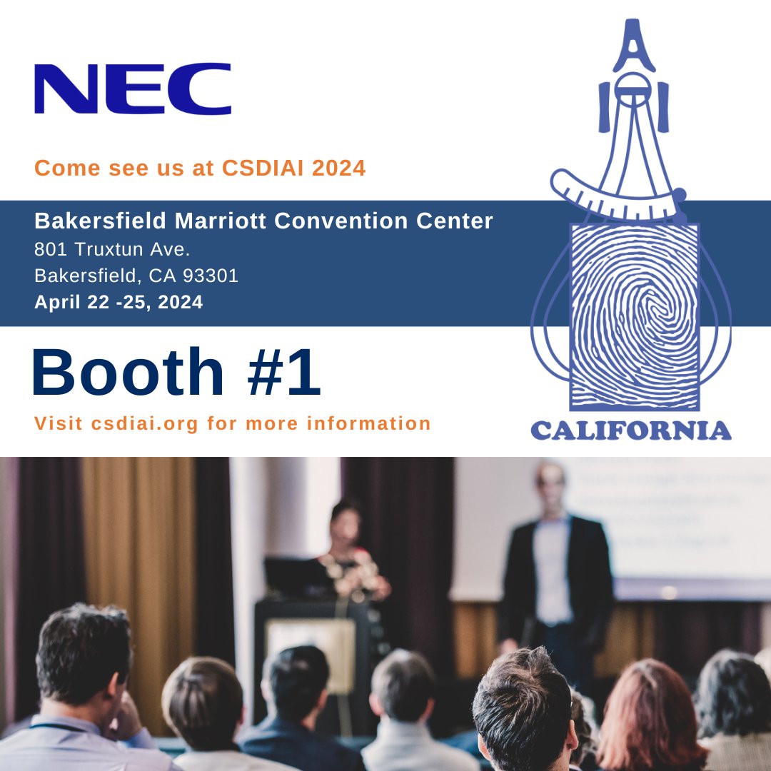 NEC's tweet photo. Come see us in Booth #1 this week at CSDIAI 2024! We're sharing NeoFace Reveal V5, NEC's face recognition platform that reliably captures, enhances, organizes and matches video and graphic images to specific individuals. #CSDIAI https://t.co/L6U8nCwTiU