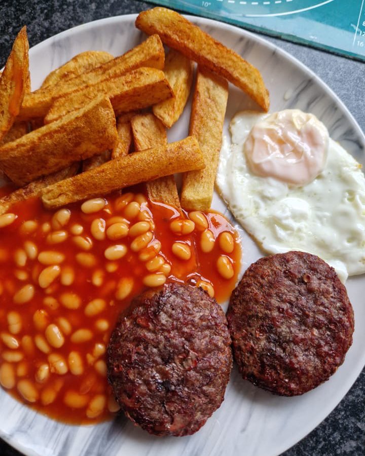 Burgers, Egg, Chips and Beans