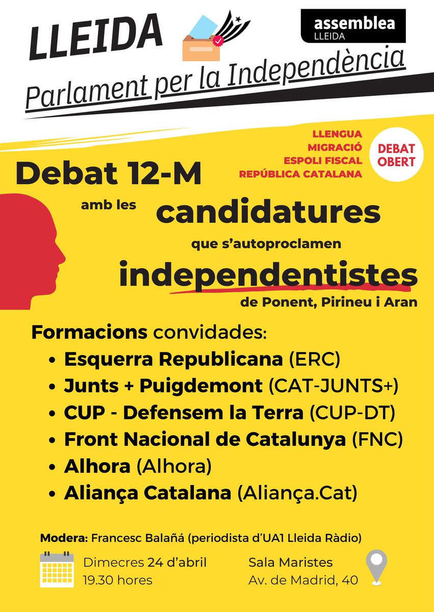 ⬛️⬜️ Debat amb les candidatures que s'autoproclamen independentistes de Ponent, el Pirineu i l'Aran. 🗓️ Dimecres 24 d'abril, 19.30 h 📍 Sala Maristes (Av. de Madrid, 40) #Lleida #Eleccions2024 #12M #Parlament #Catalunya #Debat