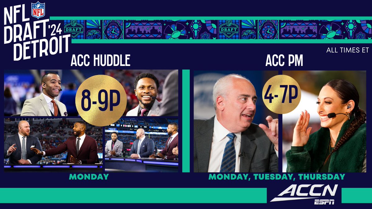 NFL Draft programming across ESPN platforms🏈 This week, @accnetwork brings fans the latest surrounding 2024 #NFLDraft prospects from across @theACC More on ESPN’s coverage: bit.ly/43ZmHde