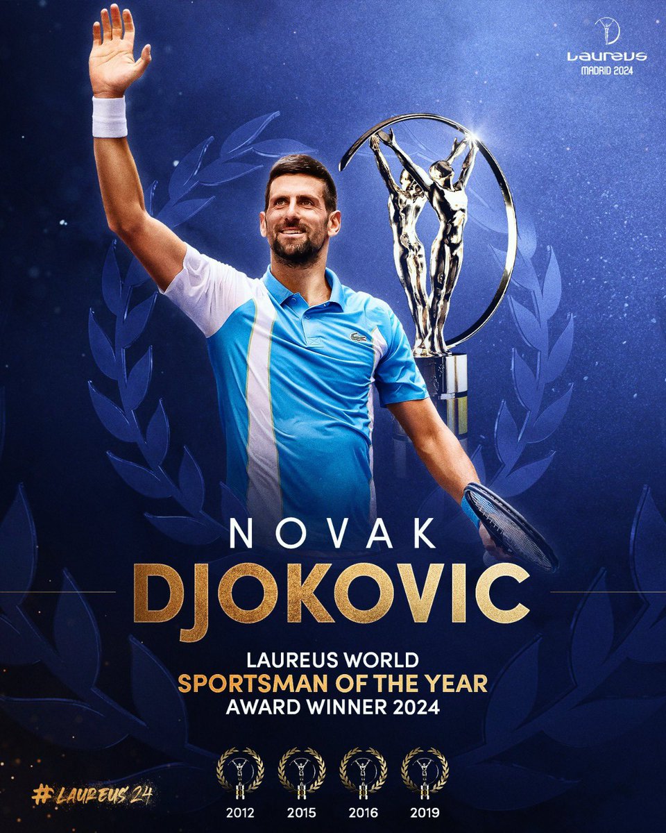 @DjokerNole recibió el premio al deportista del año, en los premios Laureus. Djokovic consiguió tres de los cuatro Grand Slams el año pasado y consiguió la marca de 24 Grand Slam en su carrera, el único en haberlo conseguido hasta el momento. 🖼️ @LaureusSport