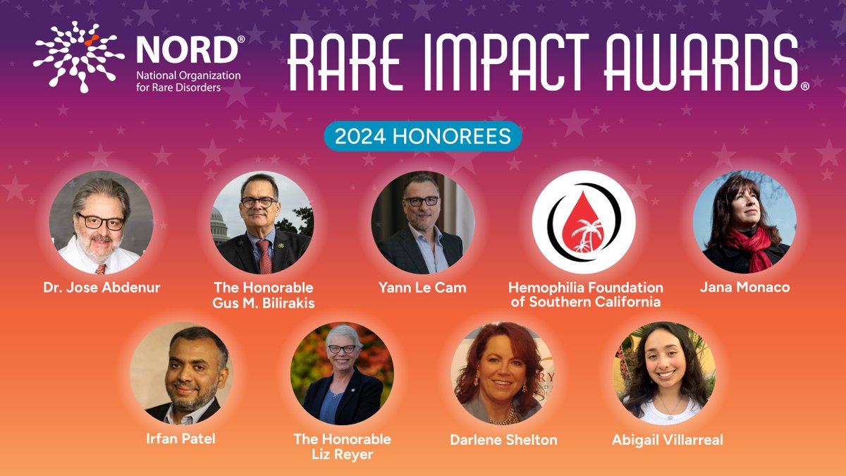 We're thrilled to announce the 2024 NORD #RareImpactAwards Honorees!

These stars have each made incredible advancements on behalf of the #RareDisease community, and we look forward to celebrating them this June in Los Angeles!

Meet the Honorees: rareimpact.org
