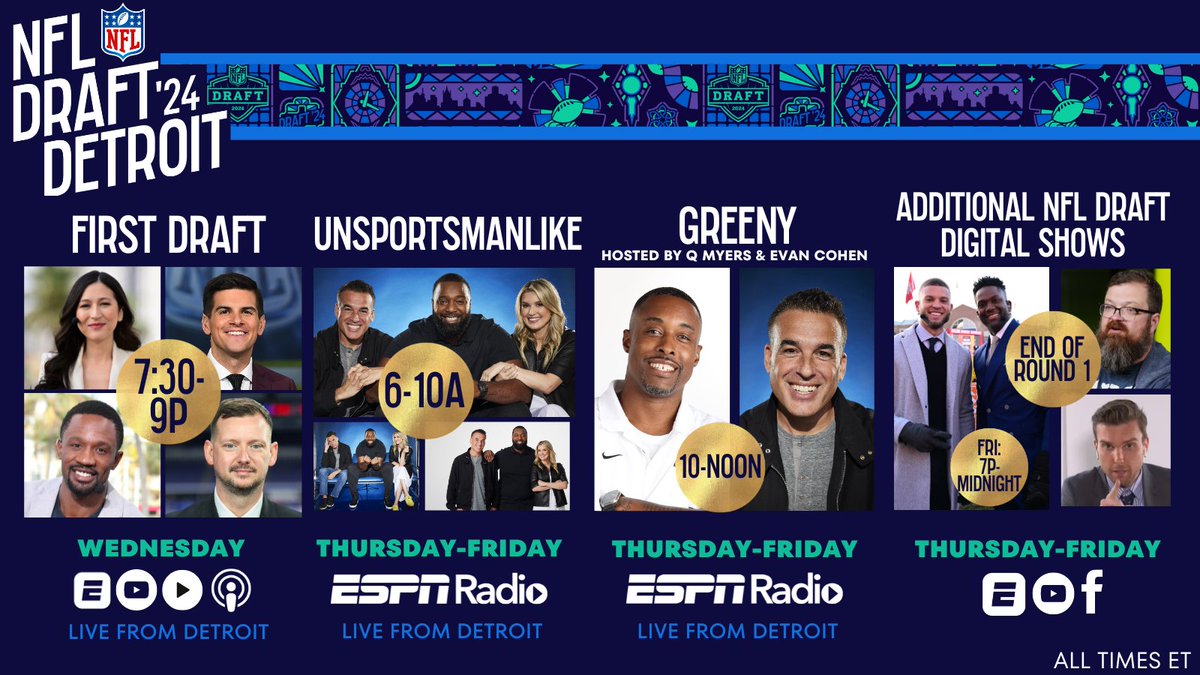 NFL Draft programming across ESPN platforms🏈 @ESPNRadio & ESPN digital shows will feature a variety of personalities throughout the week covering all the latest on the 2024 #NFLDraft More on ESPN’s coverage: bit.ly/43ZmHde