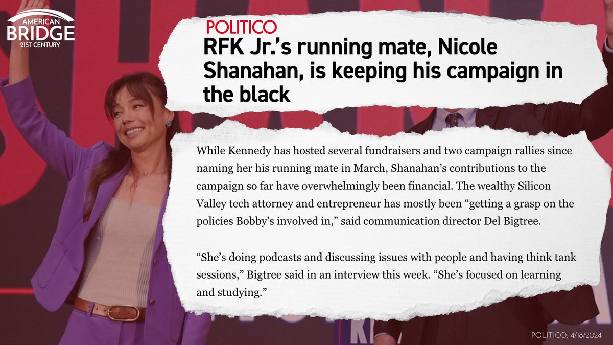 Nearly a month after her announcement, Shanahan hasn’t done any public events. According to the spoiler campaign, she is still “getting a grasp” on RFK Jr.'s platform. While she learns, he is spending her millions. The grift is going exactly as planned. politico.com/news/2024/04/1…