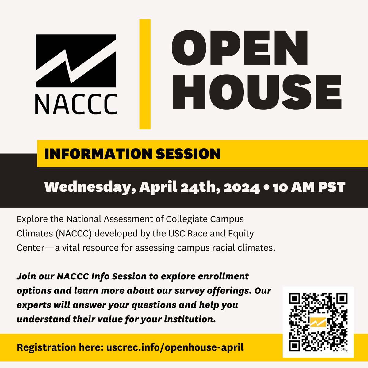 Interested in taking part of an #assessment for #campus climate? DON'T MISS OUT THIS WEDNESDAY! Join our info session 4/24 at 10 am PST. Our NACCC team will guide & answer all your questions as you explore your enrollment options. Register at: uscrec.info/openhouse-april