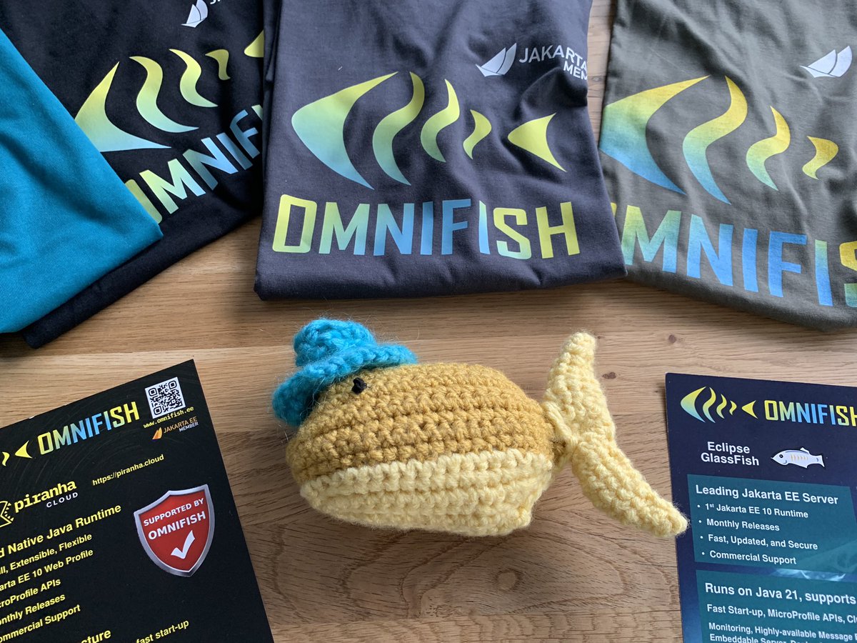 Getting ready for @jaxcon in Mainz, Germany, this week. Come to see our booth, learn about what we do with #GlassFish 🐬, @piranha_cloud 🐠, @JakartaEE 🛥️and @MicroProfileIO , and grab some T-shirts and stickers. And meet our mascot OmniJack the fish 🙂