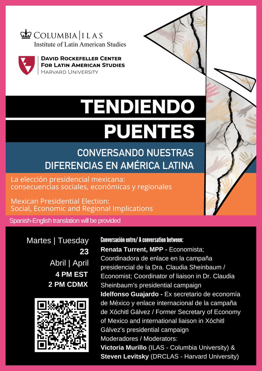 📆 Tuesday, April 23 4-6 PM EST 📍 ZOOM Join us and the @HarvardDRCLAS for a discussion on the upcoming Mexican presidential elections featuring @rturrent and @ildefonsogv 🇲🇽 Moderated by @VickyMurilloNYC and @levitsky2 RSVP: tinyurl.com/2s3dzcwa