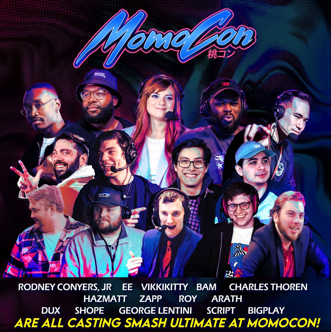 Welcome our Smash Casters this year for MomoCon 2024! @rodneyconyersjr @VikkiKitty @BamOfThePpl @EEvisu @CharlesThoren_ @HazmattRules @ArathGG @ScriptJCR @DuxTKO @Roy_OrS @Zapp133 @GrantShope @George_Lentini @BigPlayJohn