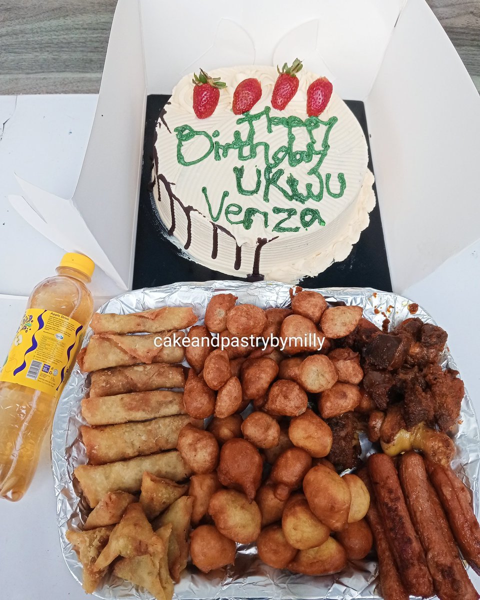 Price: N29,500 -An 8inches, 1 layer (redvelvet or chocolate flavour) in buttercream frosting -A tray of small chops 6 springroll 6 samosa 6 chicken 6 gizzard 6 sausages 25 puffpuff 15 mosa 1 soda Available to Deliver daily within Lagos. Send a DM to place your order.