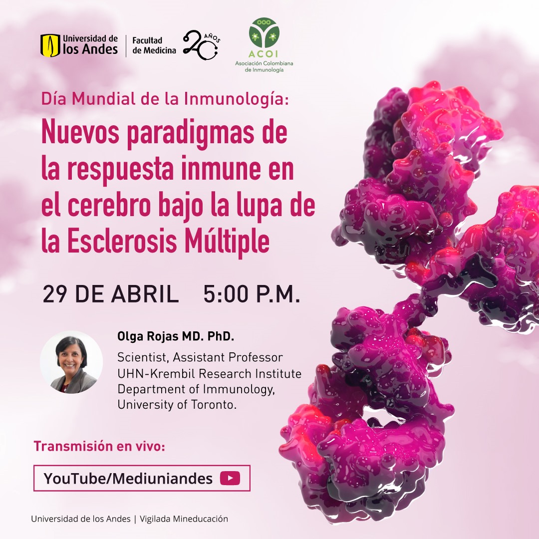 inmunoacoi's tweet photo. Neuroinmunología en el contexto de la esclerosis múltiple, tema que será tratado por la Dra. Olga Rojas  Universidad de Toronto y miembro de ACOI. Programase el 29 de abril para  esta conferencia virtual en el Día Mundial de la inmunología. Invitan @inmunoacoi  y @MediUniandes https://t.co/wTrplgEu7Q