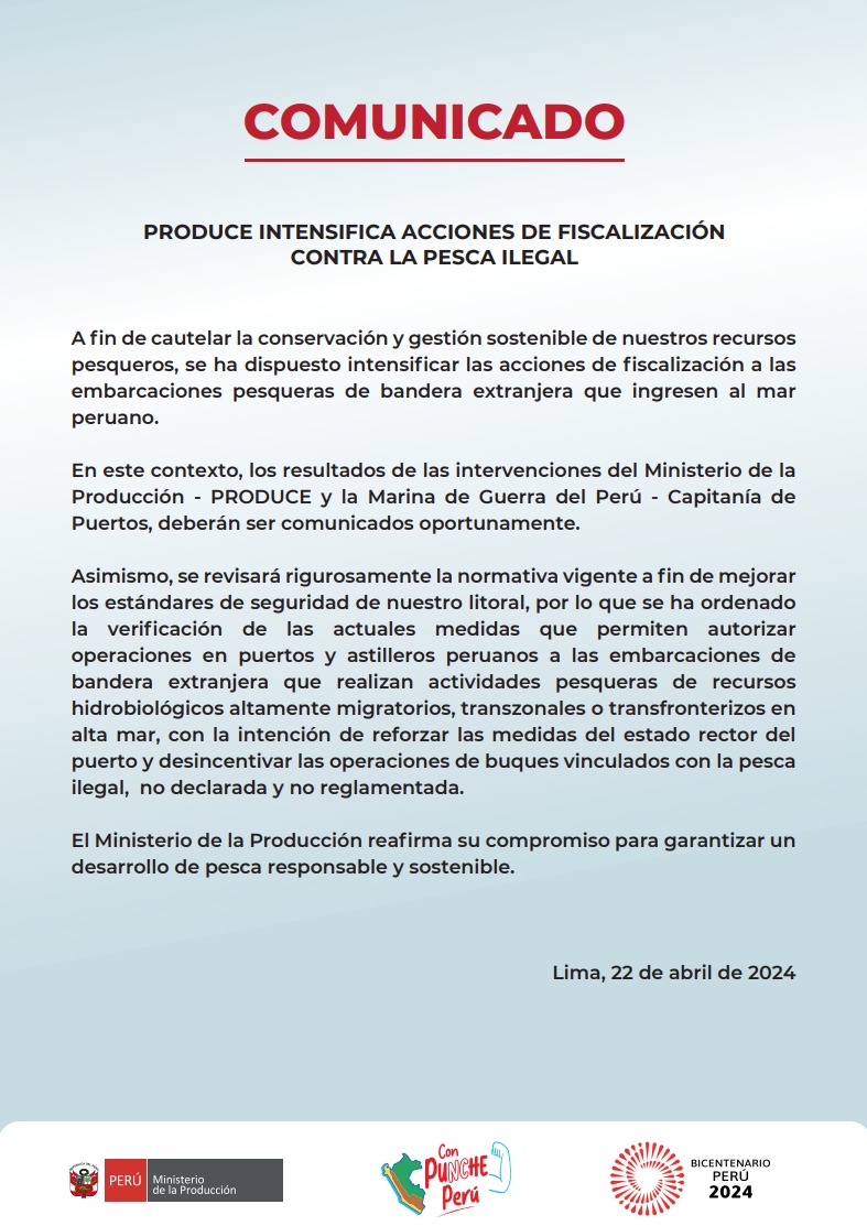 MINPRODUCCION's tweet photo. 🔴 #ProduceInforma | El Ministerio de la Producción intensifica acciones de fiscalización contra la pesca ilegal. https://t.co/mbxVL1hgD4