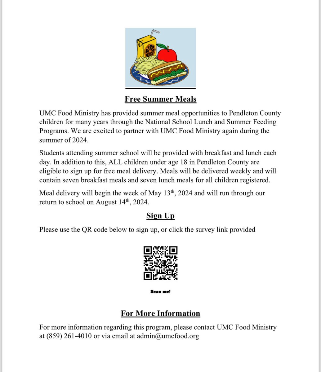PCWildcats's tweet photo. Please see below for information regarding FREE SUMMER MEAL DELIVERY from UMC Food Ministry. This is a great opportunity for all Pendleton County children age 18 and under. Use the link provided or scan the QR code to register! 

https://t.co/ynjVRYdsbC https://t.co/vM7cadxxF9