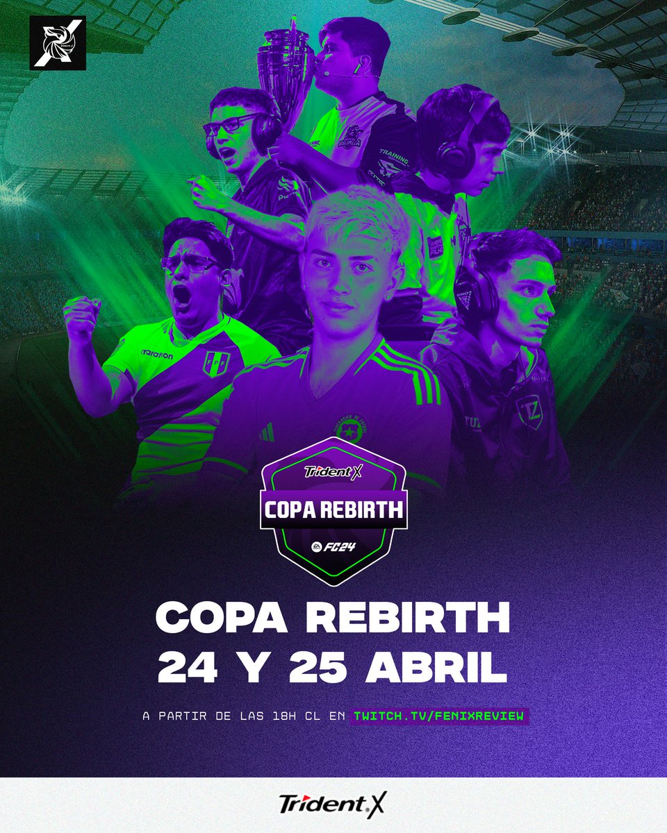 LLEGÓ LA COPA REBIRTH JUNTO A TRIDENT X ⚽️✨️

En esta copa de EAFC24  contaremos con 16 increíbles jugadores de Argentina, Chile, Colombia y Perú, los que lucharán por llevarse el campeonato🏆✨️

Cuando? Este 24 y 25 de abril a las 18:00hrs de Chile🇨🇱

No se lo pierdan😉🔥