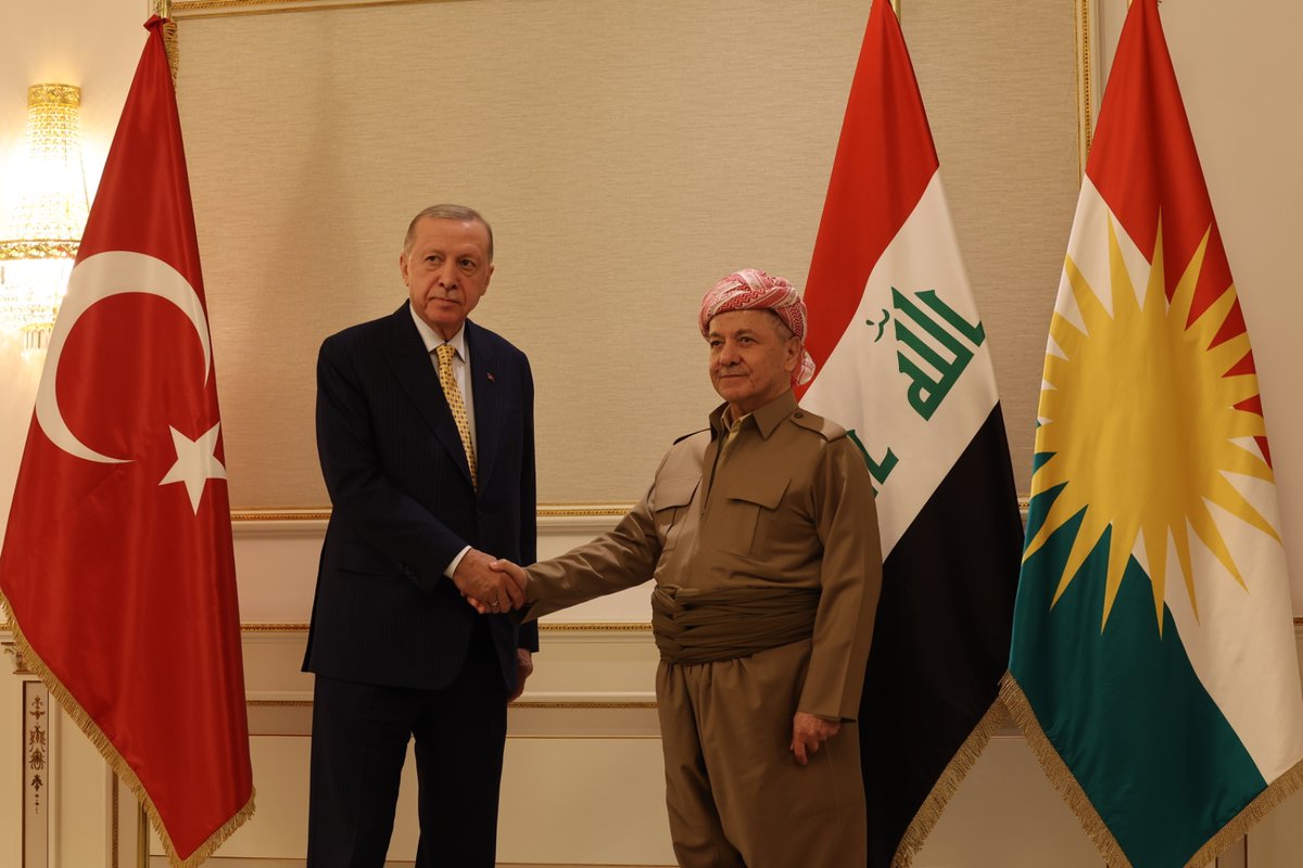 Pleased to receive Turkish President <a href="/RTErdogan/">Recep Tayyip Erdoğan</a> today in Kurdistan where we discussed continued paths of cooperation in pursuit of the interests of the people of Kurdistan and Turkey.