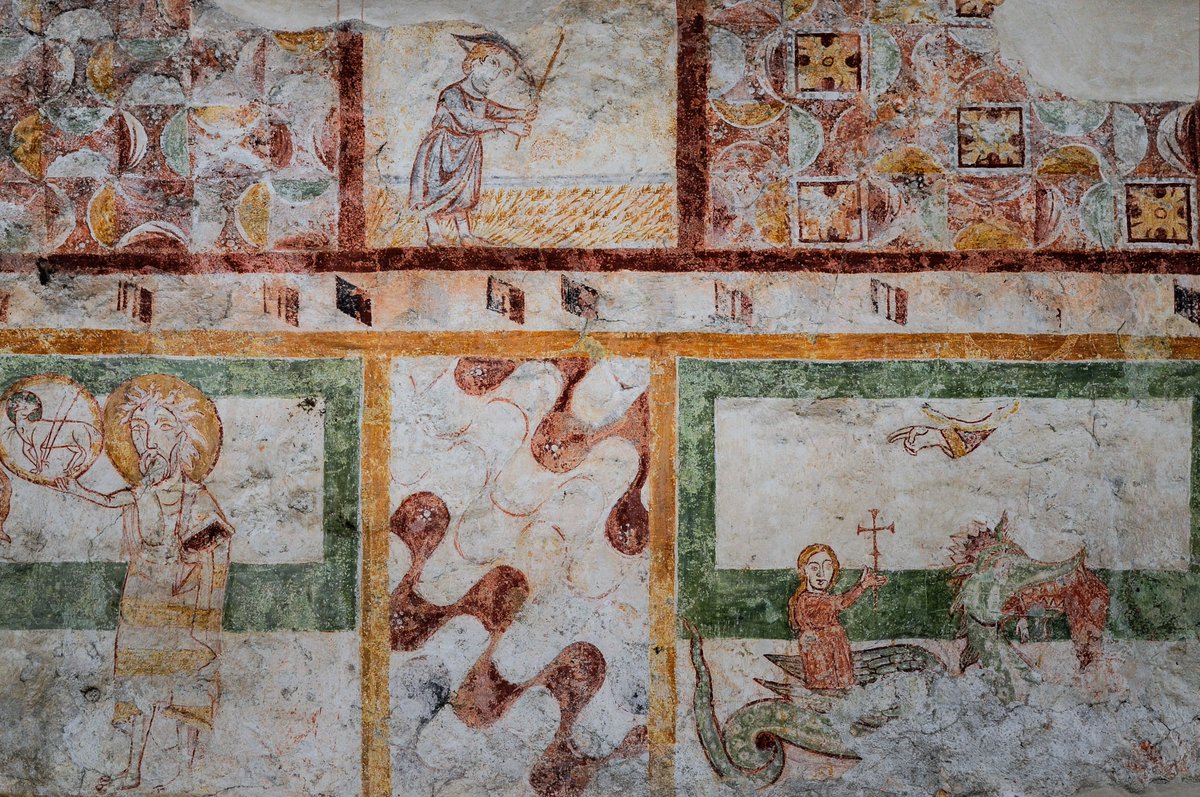 TerenceKerr5's tweet image. #MedievalMonday #Lombardy

Saints and medieval rural life. Threshing crop by hand (upper centre), St John the Evangelist (left) and St Margaret of Antioch with vanquished dragon (right). Fresco, Piona Abbey, #Colico in Lombardy, Italy:

redbubble.com/shop/ap/719832…